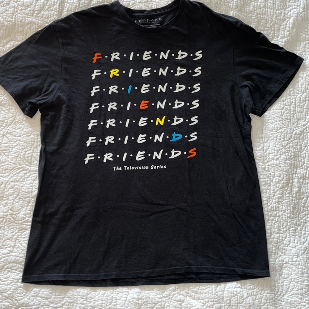 Vintage  Friends  short sleeve tee shirt. Black multi colored front. Cotton. XL